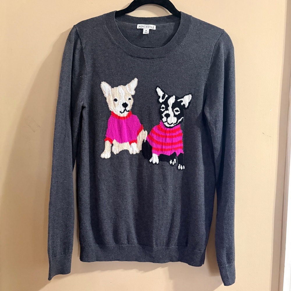 J. Crew Merchantile Gray French Bulldog Graphic Sweater Medium